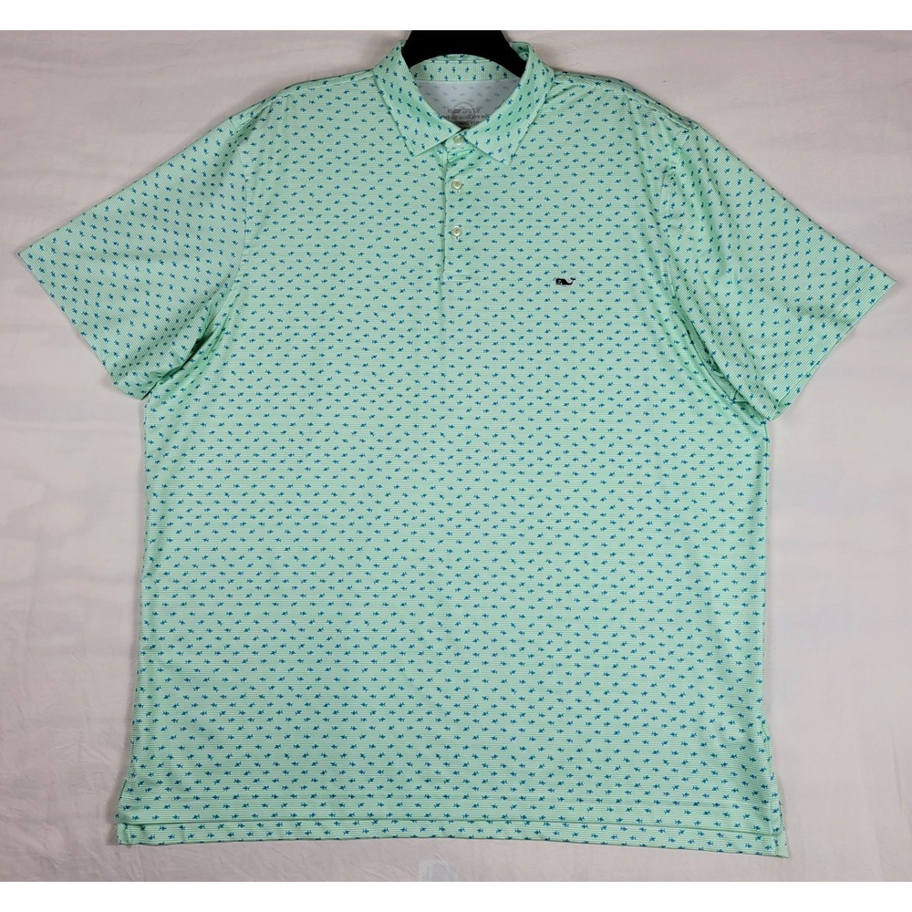 Vineyard Vines Mens XL On-The-Go Sankaty Polo Green All Over Fish Print 1G011578